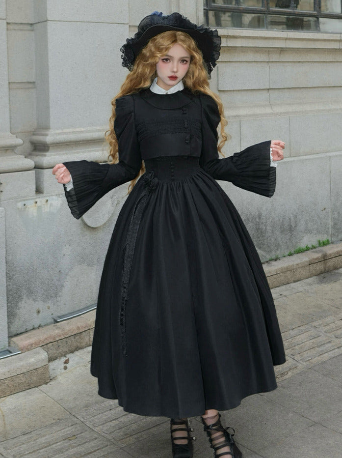 Bluse Spitze Weiß + Jacke Kleid Schwarz Schwarz Klassisches Kleid Gothic Und Nacht Rüschen Traveller