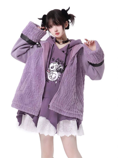 Purple Air Dragon Embroy Dary Plash Jacket + Hood Print Sweat Dress