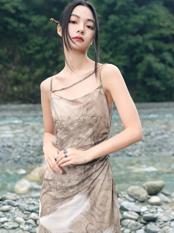 Print Suspender Draped Dress Retro Dark