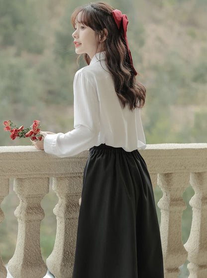 Schal + Revers Langes Hemd Rock Plissee