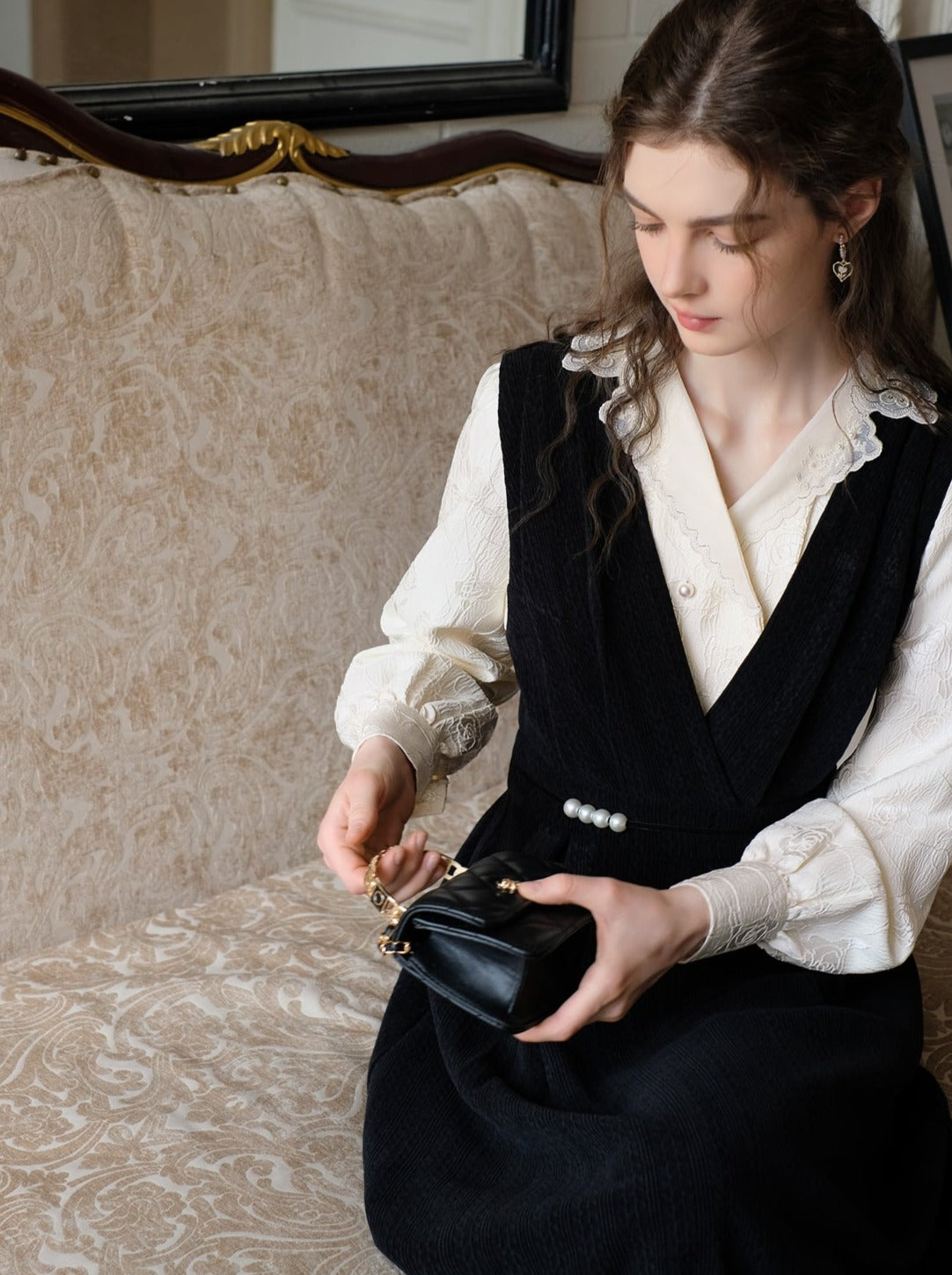 Jacquard Blumen Bluse Rock Hosenträger