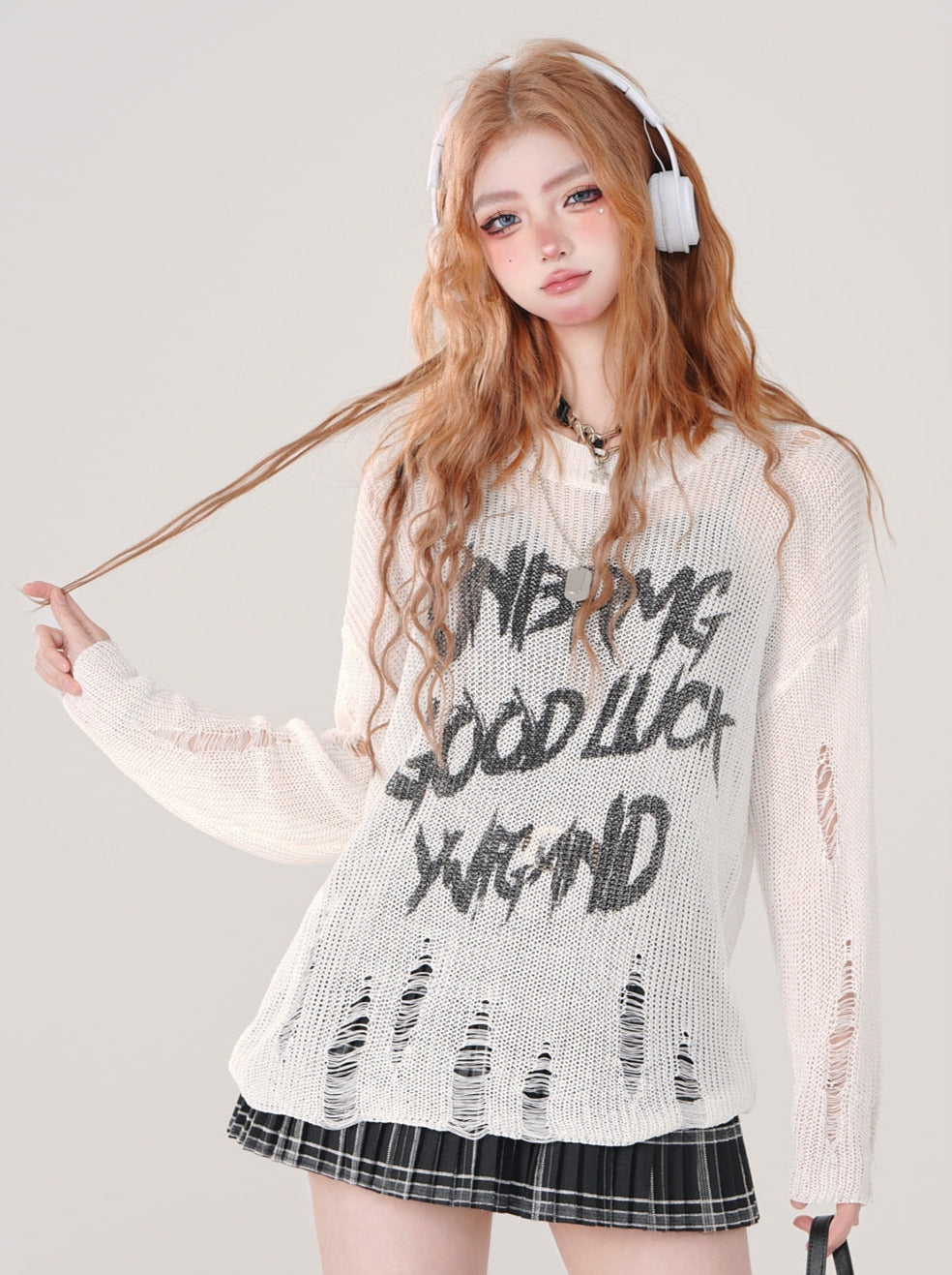 Print Ripped Knit Letter Sheer