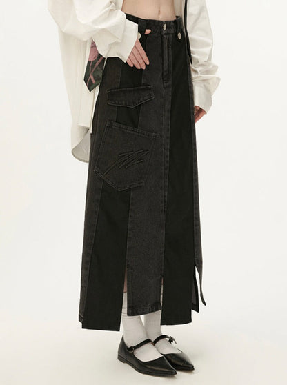 Schwarzer asymmetrischer Jeansrock aus Leder