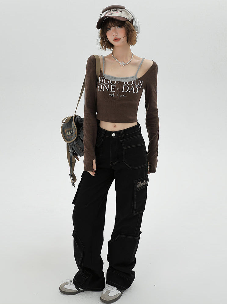 2つのショートフェイクスクエアスリムピーストップネック