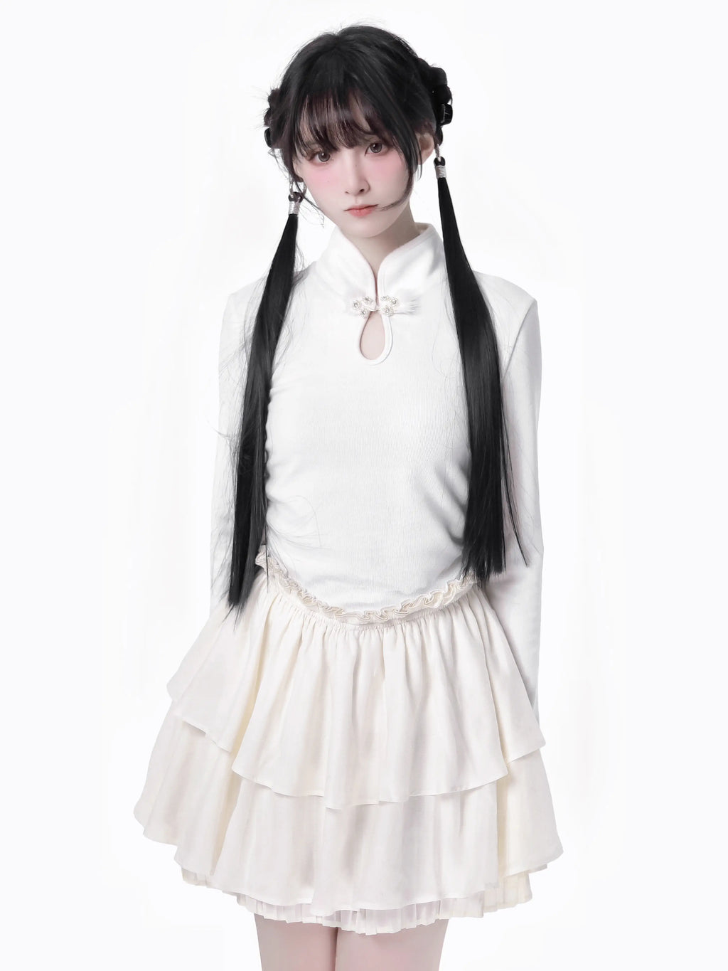 China Hoight Black Knit Springing Waist Frill Turu Dress