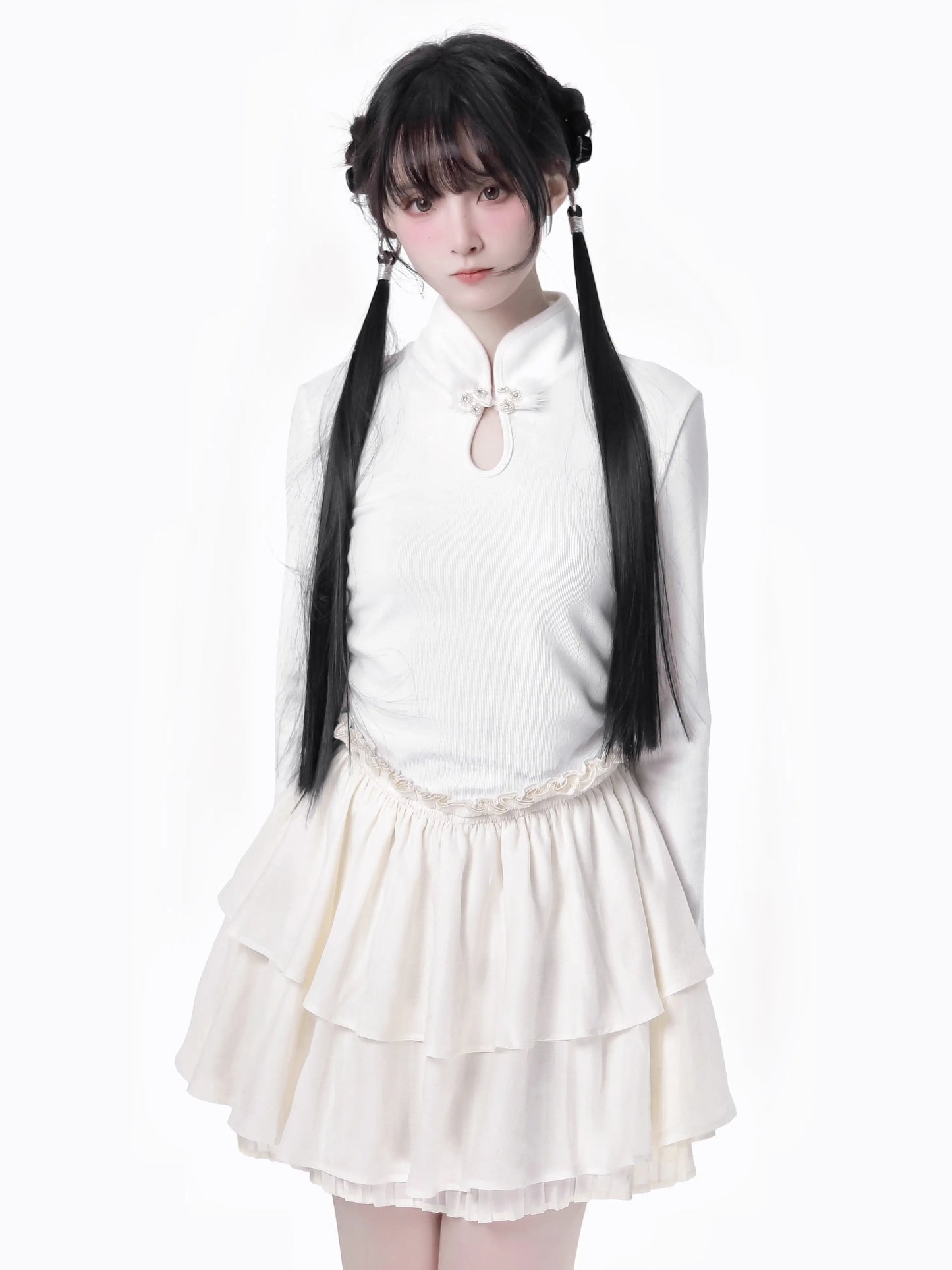 China Hoight Black Knit Springing Waist Frill Turu Dress