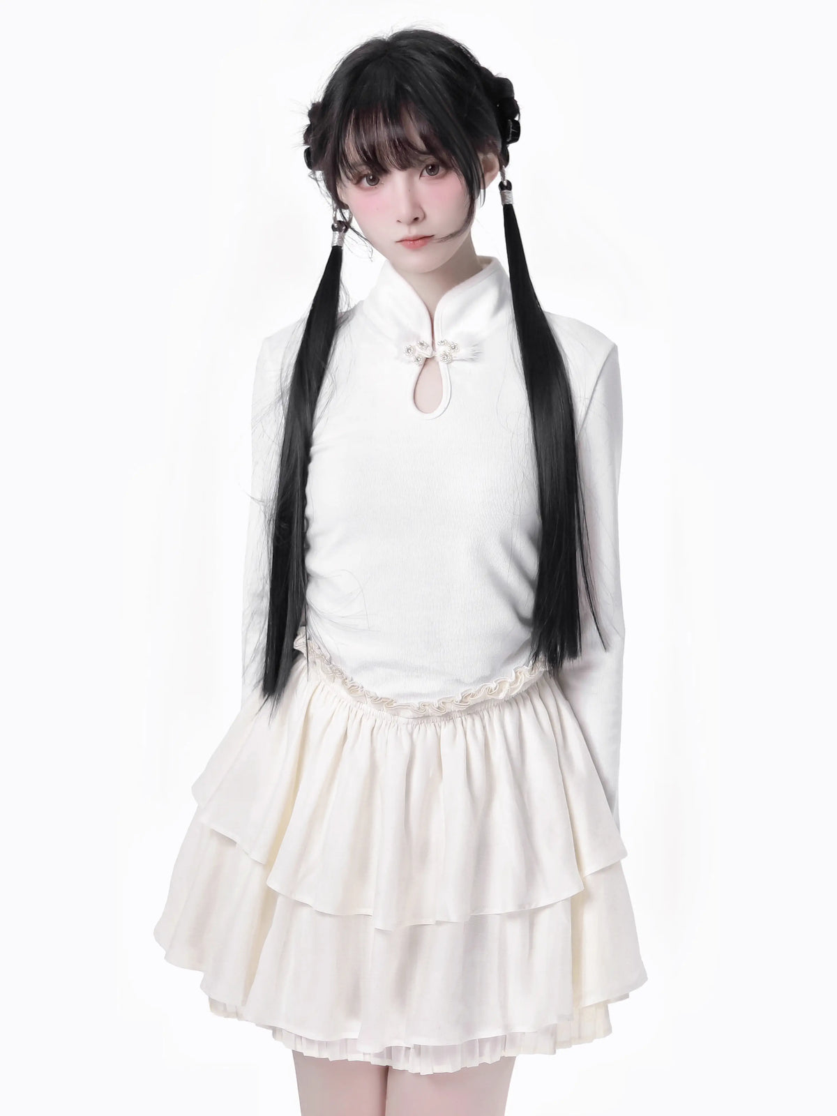 China Hoight Black Knit Springing Waist Frill Turu Dress