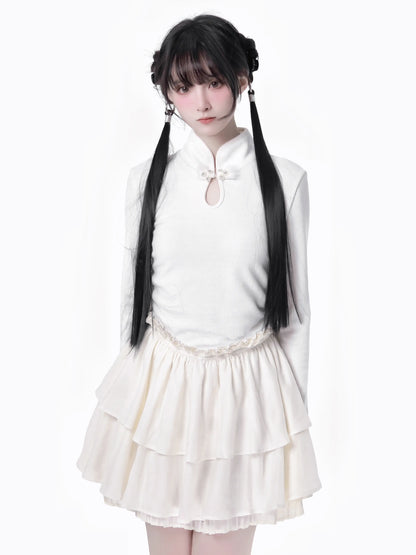 China Hoight Black Knit Springing Waist Frill Turu Dress