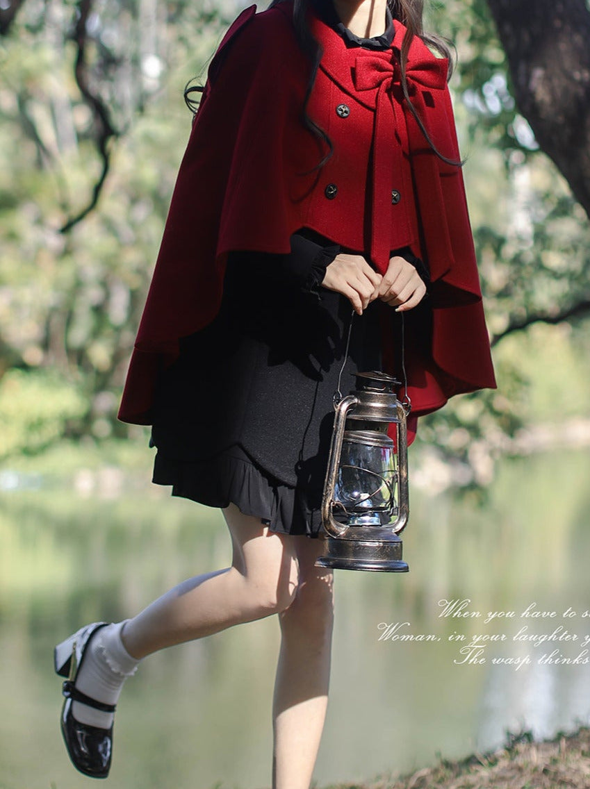 ドレス レトロ ラッフル ツーコート + ケープ フェイク ブラック レッド ピース