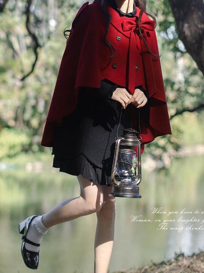 ドレス レトロ ラッフル ツーコート + ケープ フェイク ブラック レッド ピース