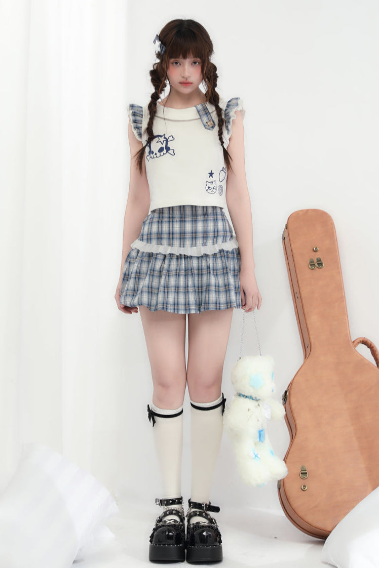 Minirock + Totenkopf-Kariertes Katzenoberteil ärmellos