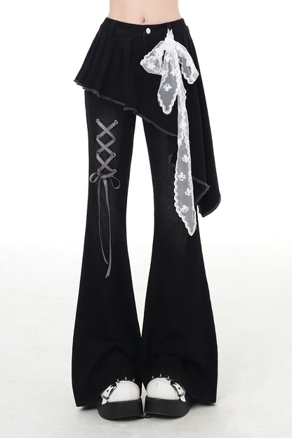 パンツ スリム レースアップ フレア ロング