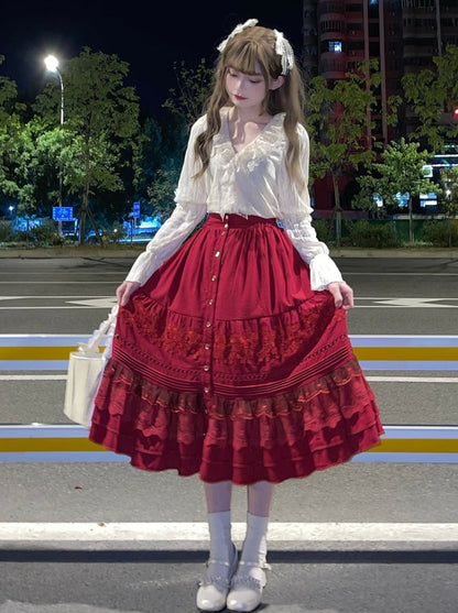 レース無地コットンカラーロリータシャツ