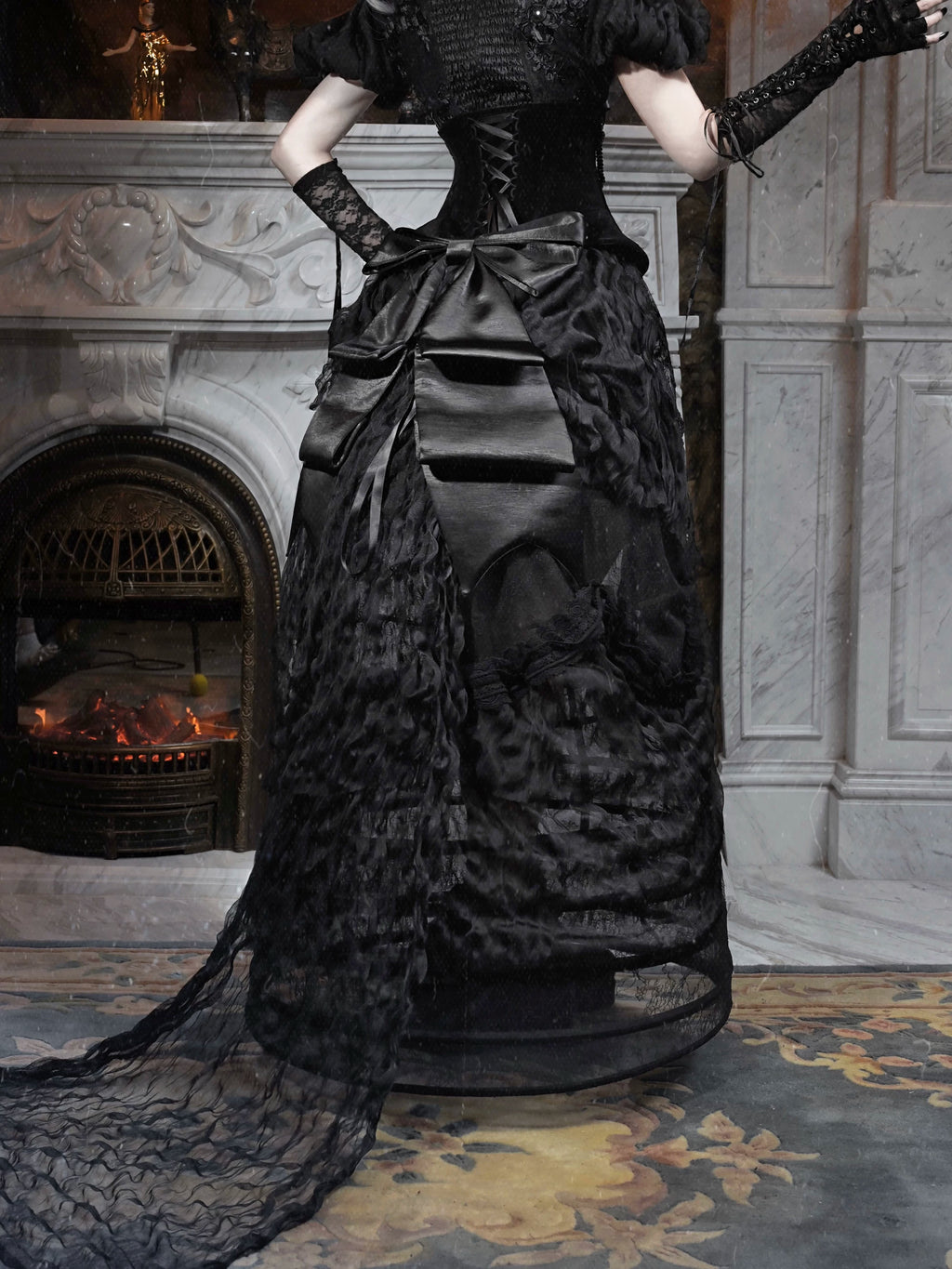 Black Bustle skirt and bow train, rear detail by Blood Supply