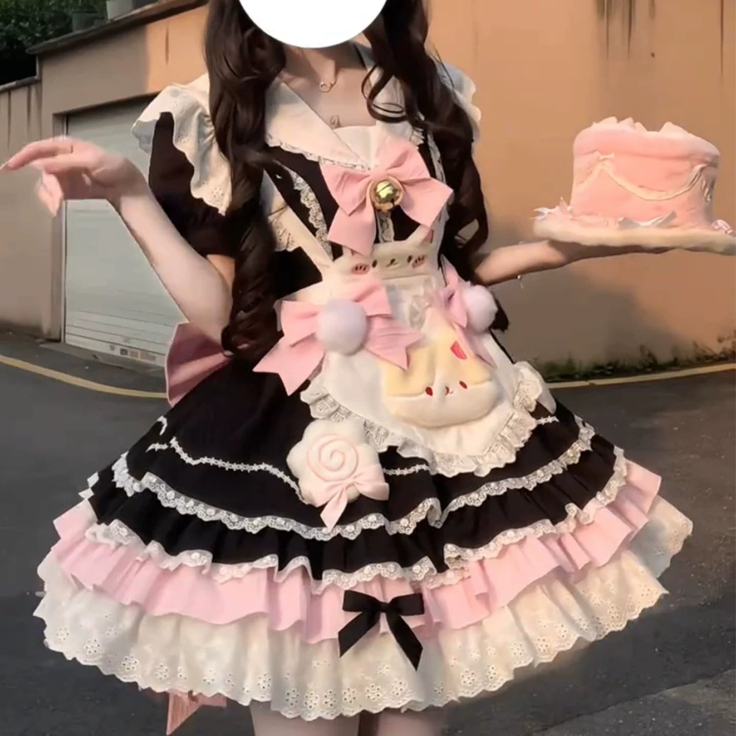 Black Pink Maid Lolita Princess Dress | Doll-Style Ruffle Skirt