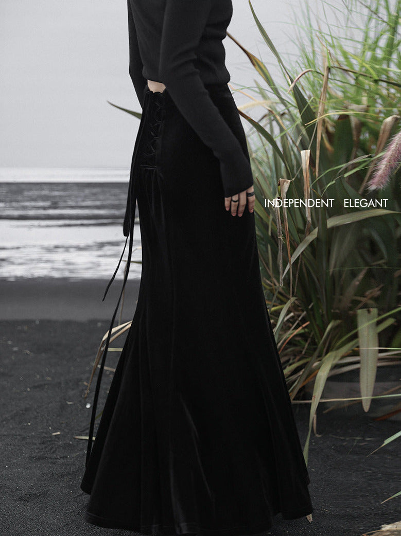 Hohe Meerjungfrau Samt Schwarz Taille Rock Retro Zurück Lange Up Spitze