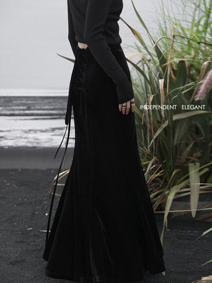 Hohe Meerjungfrau Samt Schwarz Taille Rock Retro Zurück Lange Up Spitze