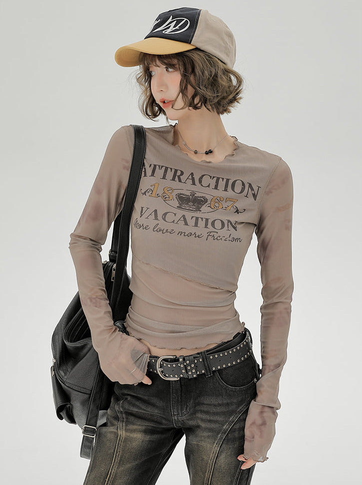 T Long Retro Print Sheer Ruffle American