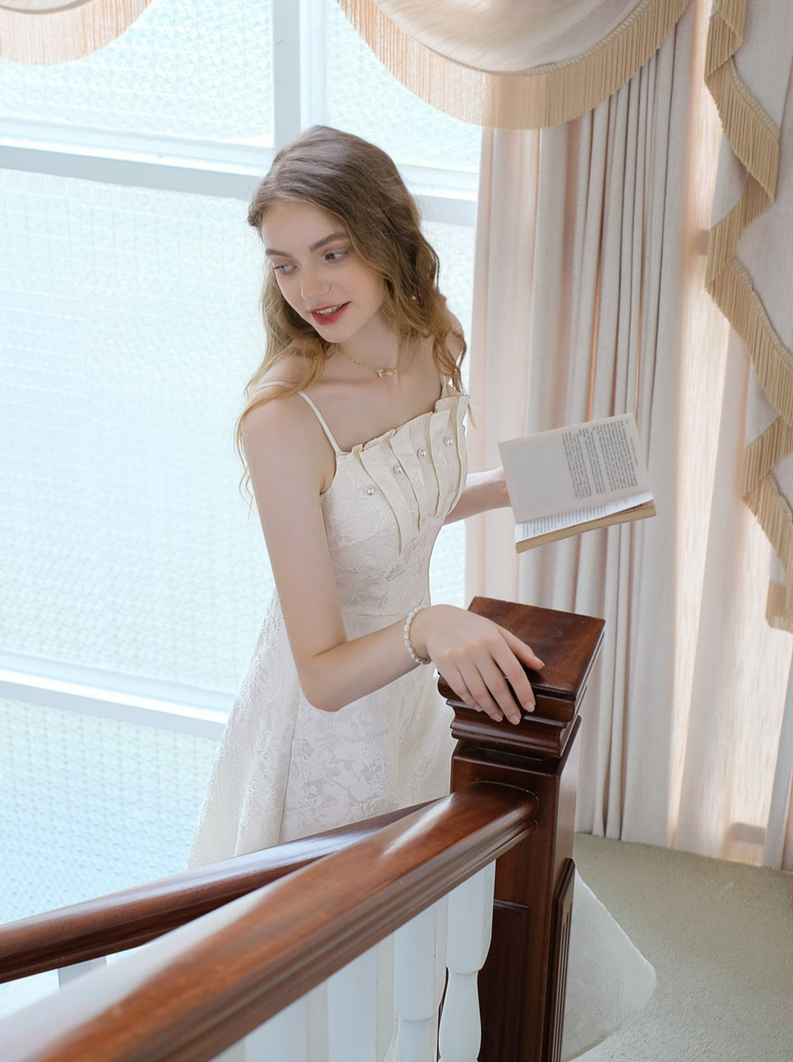 サスペンダービーズジャカードドレス フレンチロング