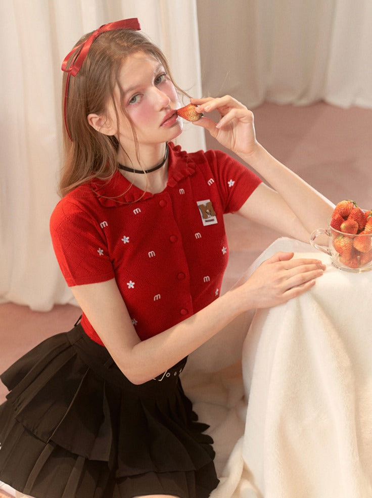 Kurzer amerikanischer Cardigan mit Blumenmuster und Kragen