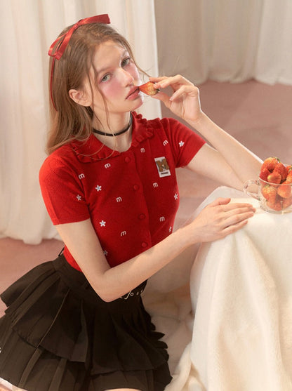 Kurzer amerikanischer Cardigan mit Blumenmuster und Kragen