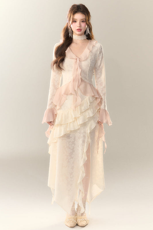 トップス スイート + ロングスカート シアー フリル