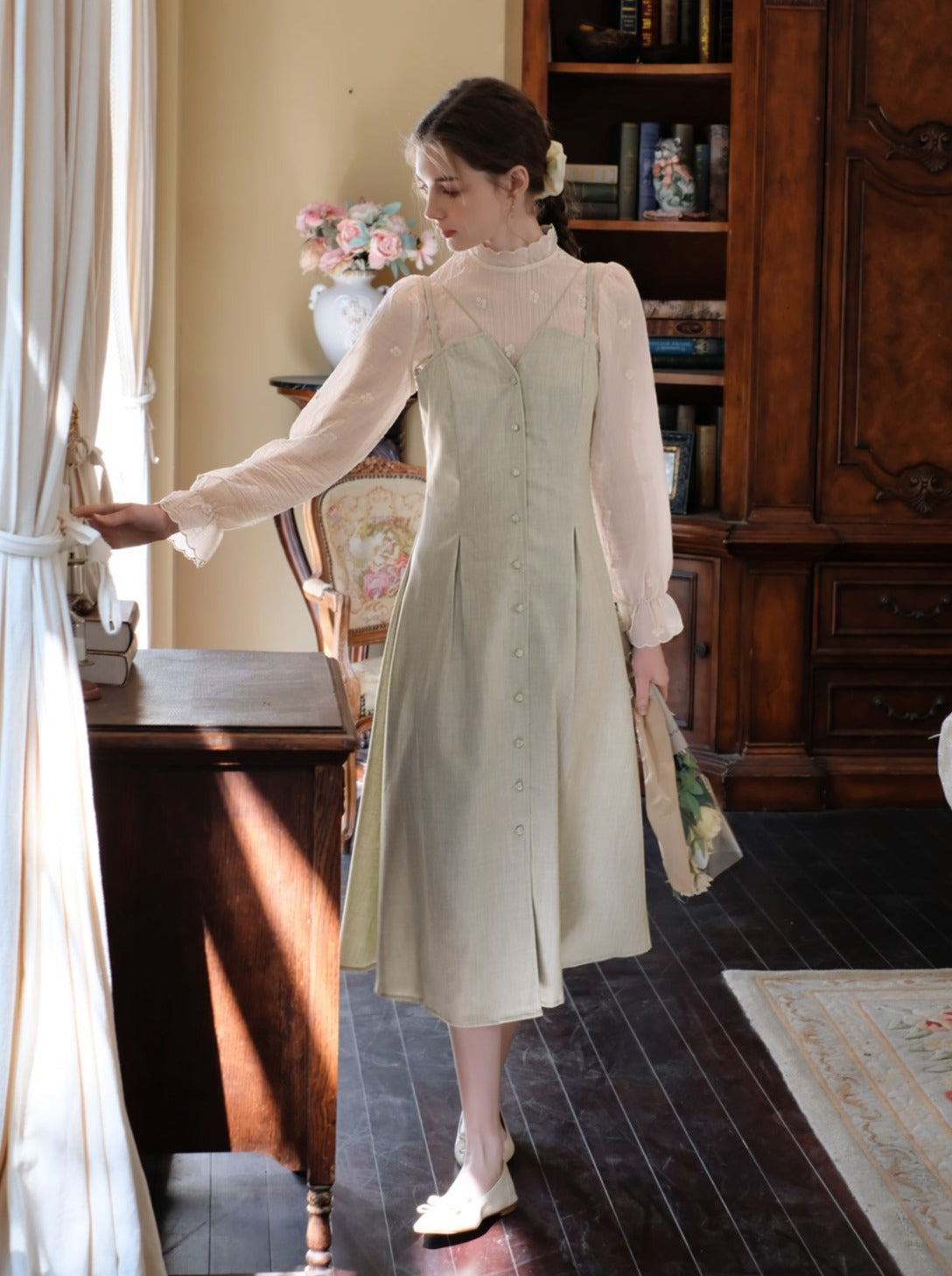 スカートフラワーレトロブラウス+キャミソールシアー