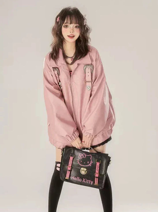 Jacket Retro Pink Design Leather Buckle Zip