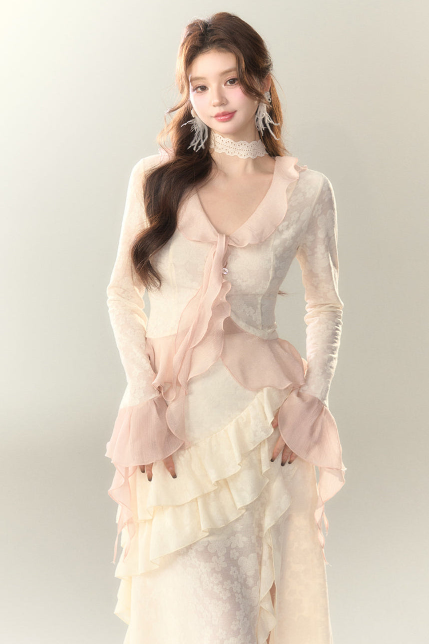 トップス スイート + ロングスカート シアー フリル