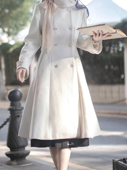 スタンドカラーウールコート エレガント レトロ リボン ダブルブレスト