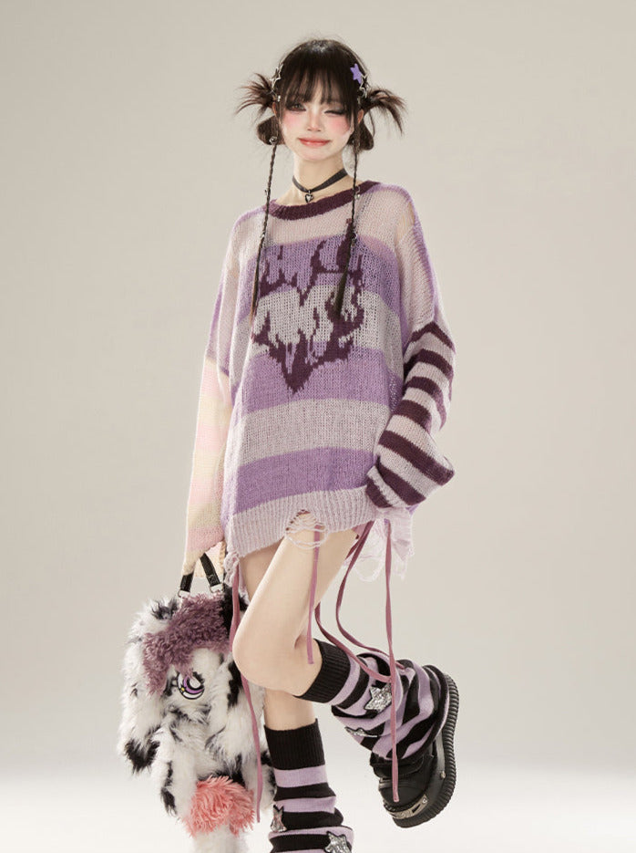 Striped Color Sheer Contrast Knit Pullover Asymmetrical Loose