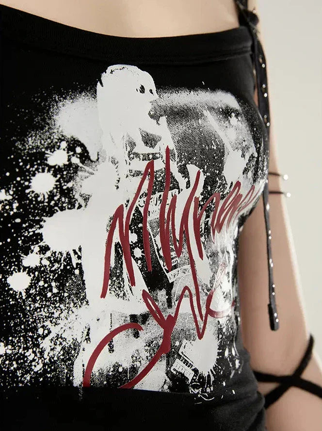 黒プリントキャミソール文字グラフィティ