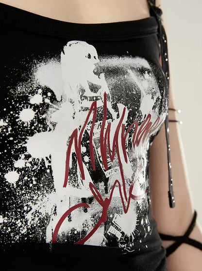 黒プリントキャミソール文字グラフィティ