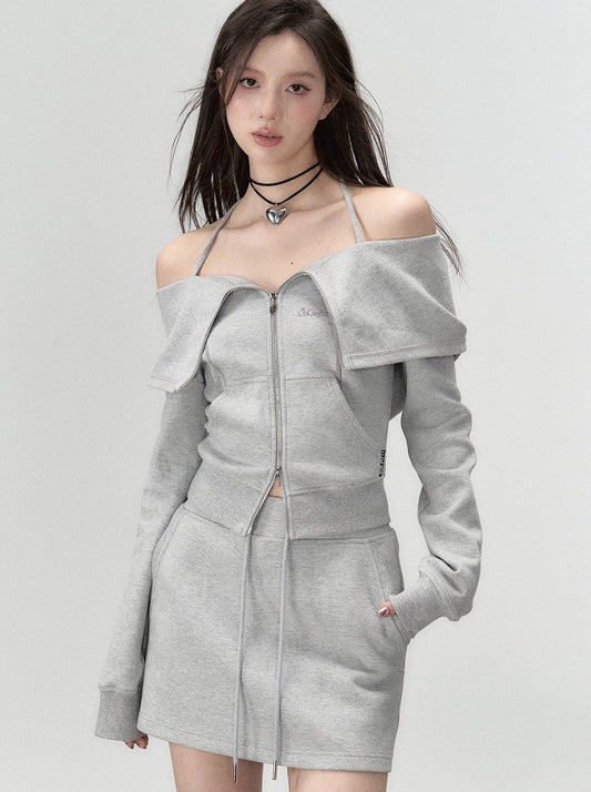 Off-Shoulder + Träger-Sweatshirtrock mit Reißverschluss