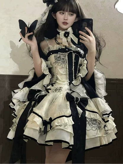 Short Lolita dress bodice showing black bows and ivory lace trim