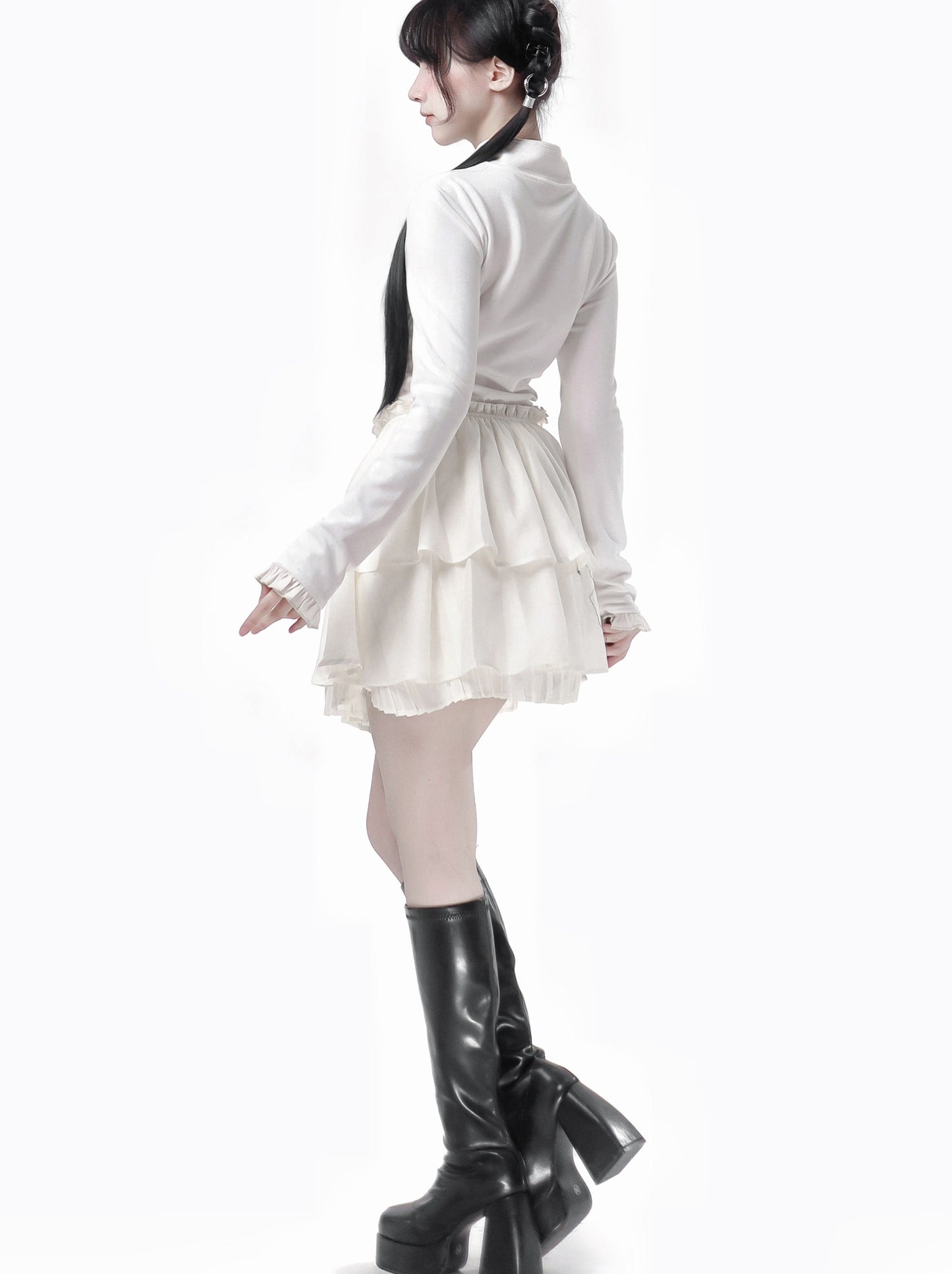 China Hoight Black Knit Springing Waist Frill Turu Dress