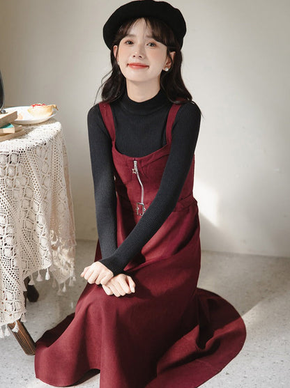 スリムニット レトロハーフ＋サスペンダー タートルネックスカート