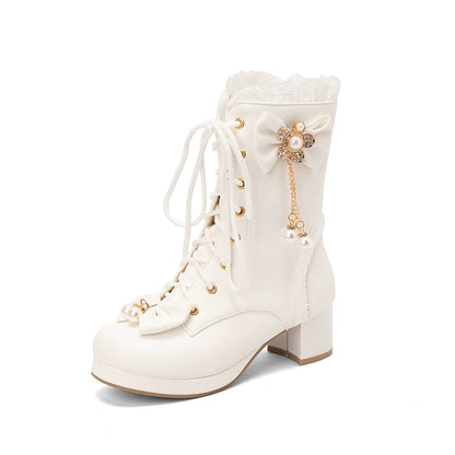 30-43 Lolita Bow & Pearl Embellished Knee-High Boots