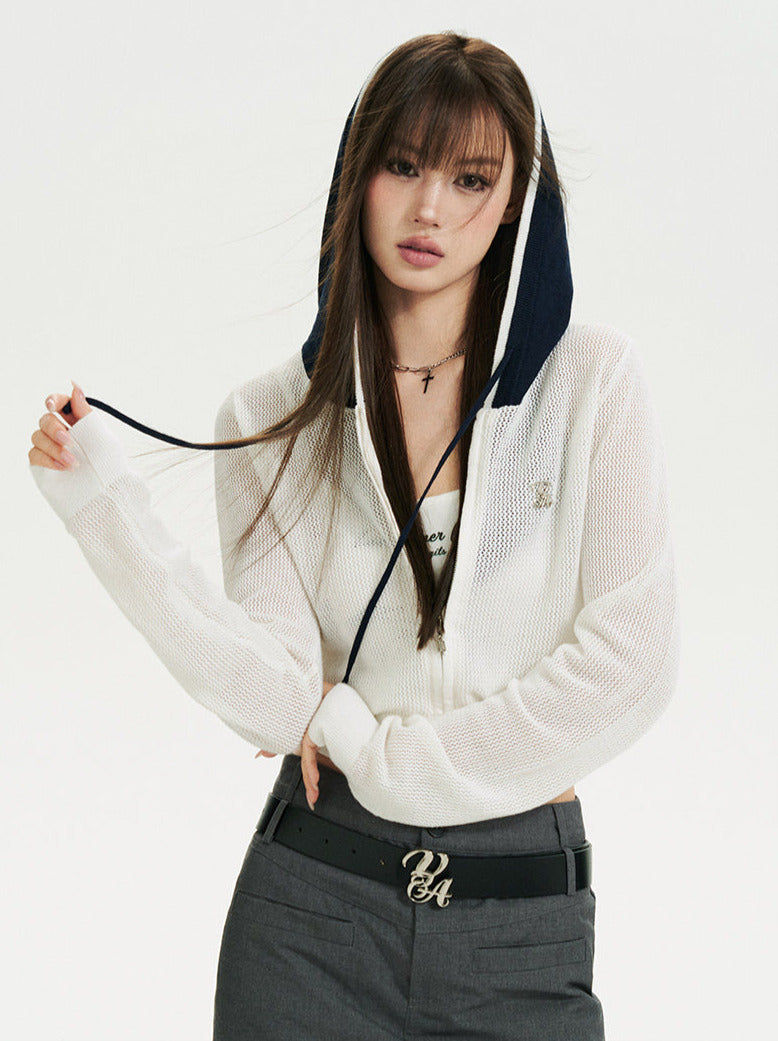 Kurzer/langer Hoodie aus transparentem Netzstrick mit Reißverschluss