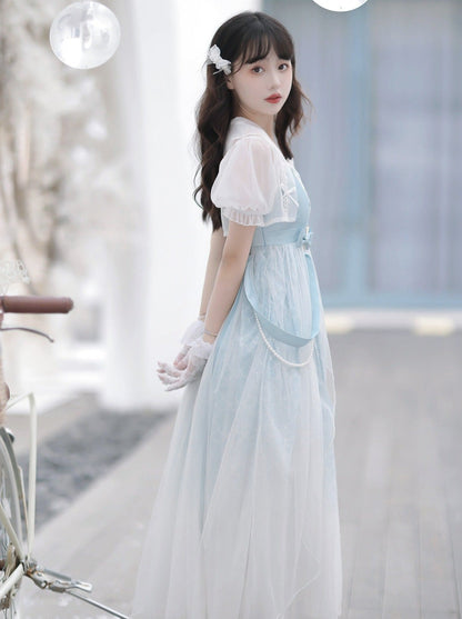 Blaues, durchsichtiges Sommerkleid mit Schalkragen + Lolita-Chinesisch