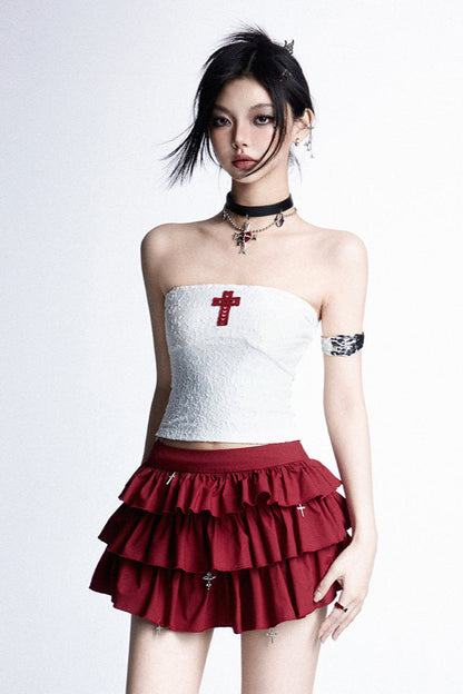 + クロスケーキフリルフーディースカートスリムフード付きトップチューブ