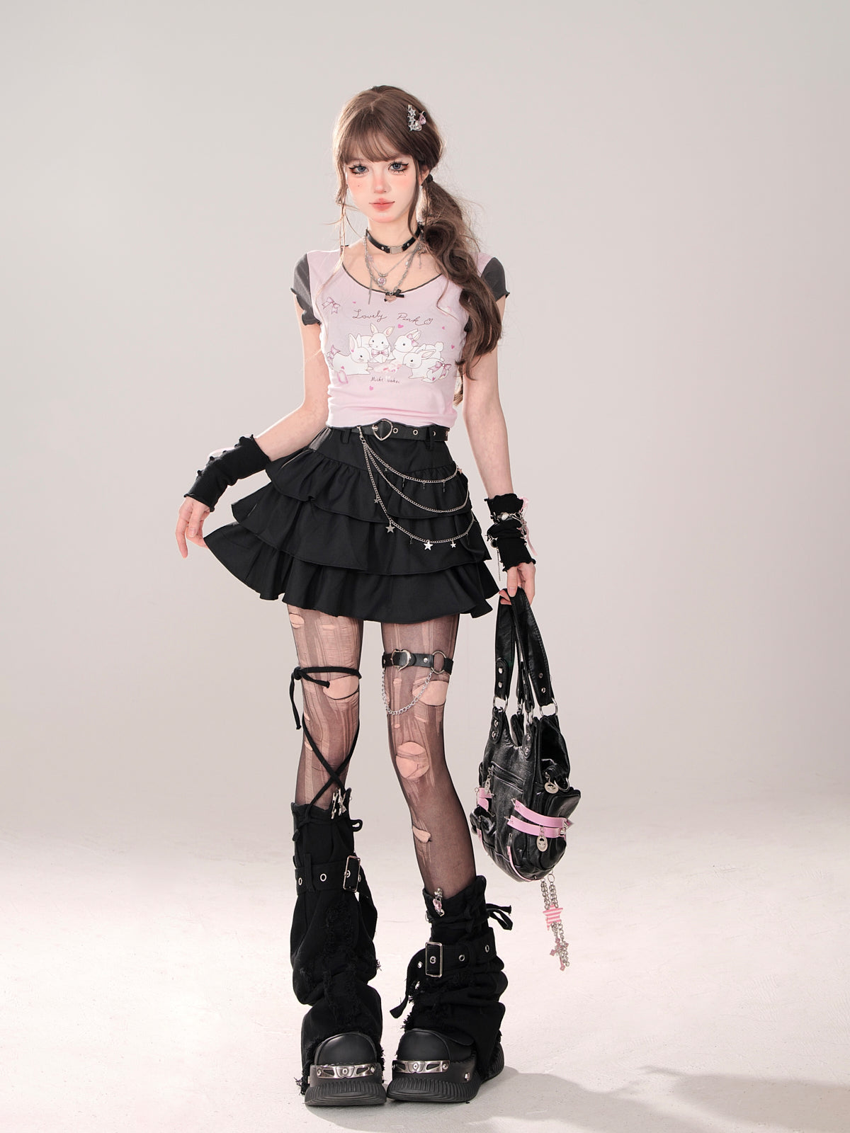 ショートTシャツ キュートなUネック フリルプリント ウサギ