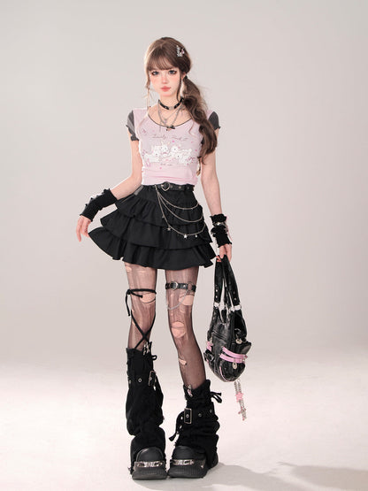 ショートTシャツ キュートなUネック フリルプリント ウサギ