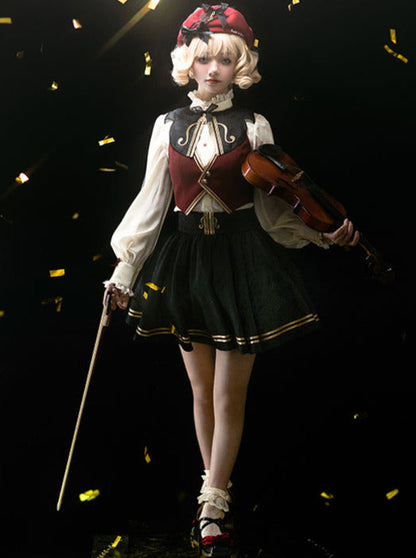 ジャカード刺繍のクラシックコンダクターシャツスカートセットアップ