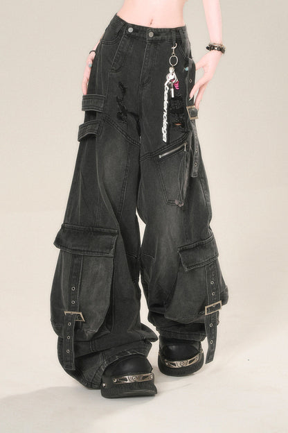 ストリートハイワイドリップデニムパンツ