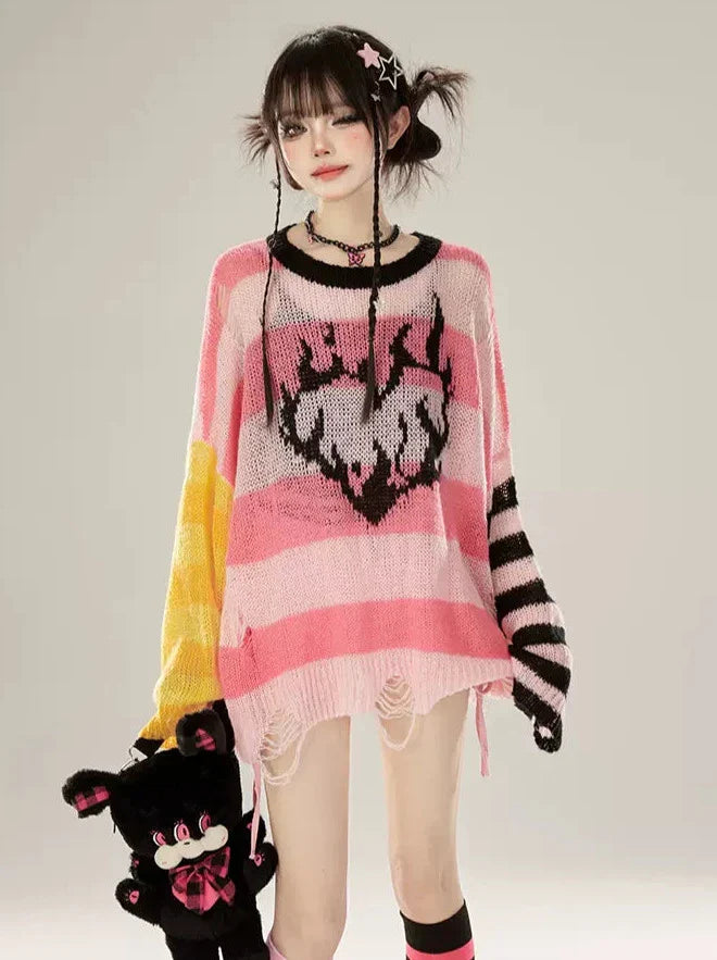 Striped Color Sheer Contrast Knit Pullover Asymmetrical Loose