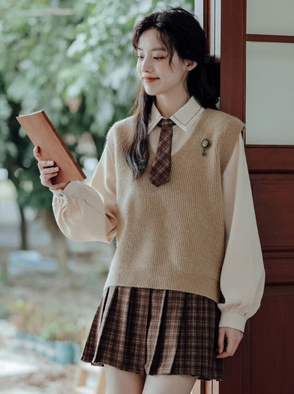Vest College Skirt Colored Checked Knit Retro Shirt