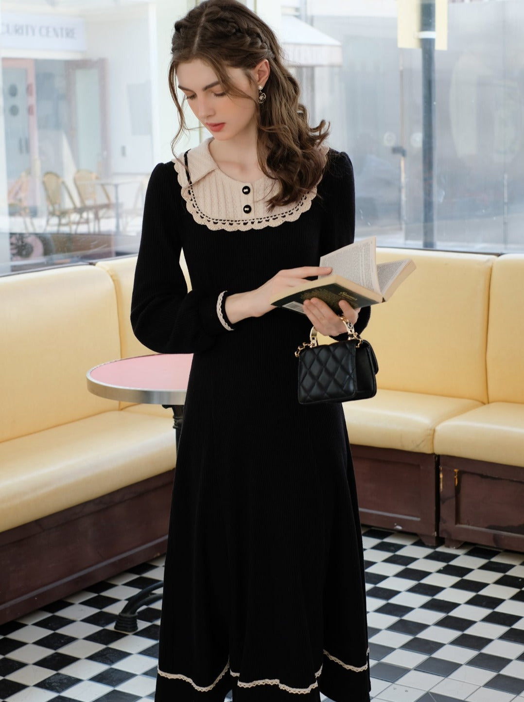 スプライシングブラックフレンチロングドレスラペルクイーンセレナーデニットクラシック