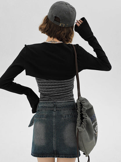 キャミソール アメリカン カーディガン ストライプ ショートピース セット トップス ブラック ツー