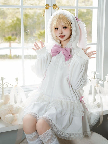 Bow Frilled Big Hooded Girly Long Bunny Dress Ears